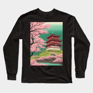 Ukiyo-e Japanese Art - Omuro Pagoda and Cherry Blossoms Long Sleeve T-Shirt